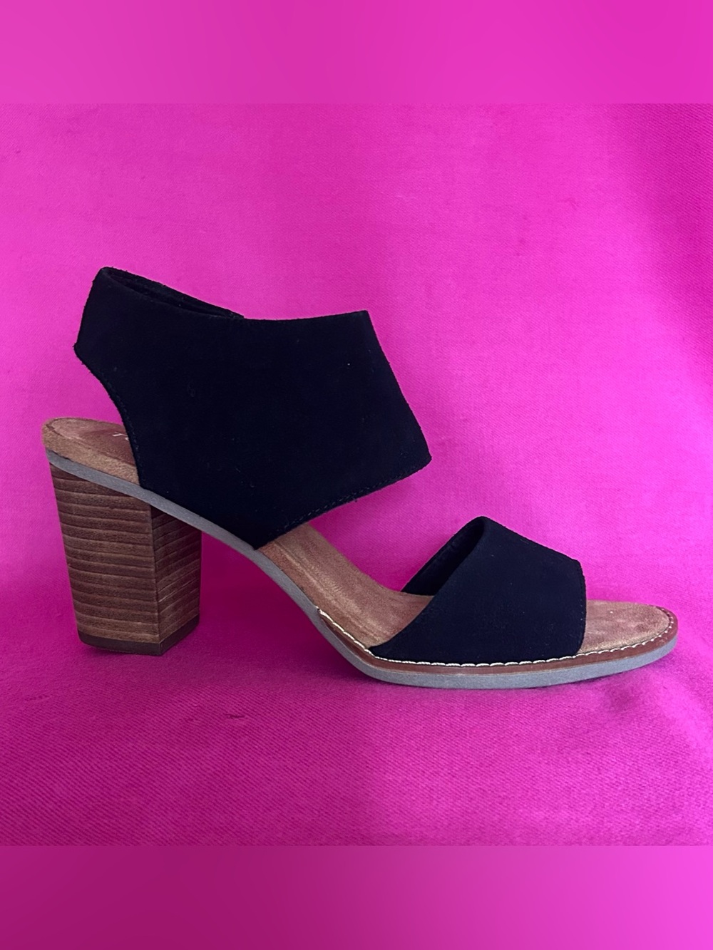Toms Black Suede Open-Toe Block Heel Sandal - Majorca Cutout